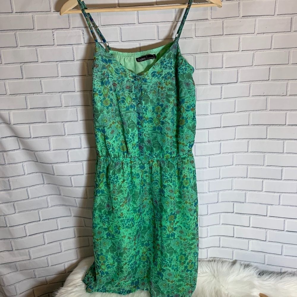Gypsy 05 Green Print Gathered Waist Slipdress Sz M